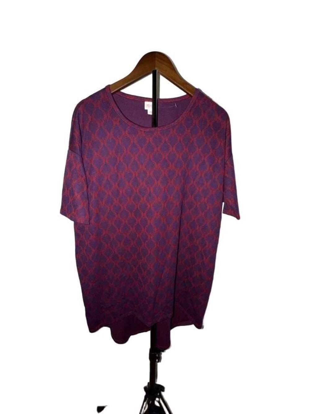 LuLaRoe Irma Tunic Shirt Top Dress Red and Purple Feather Jacquard Print Size XS
